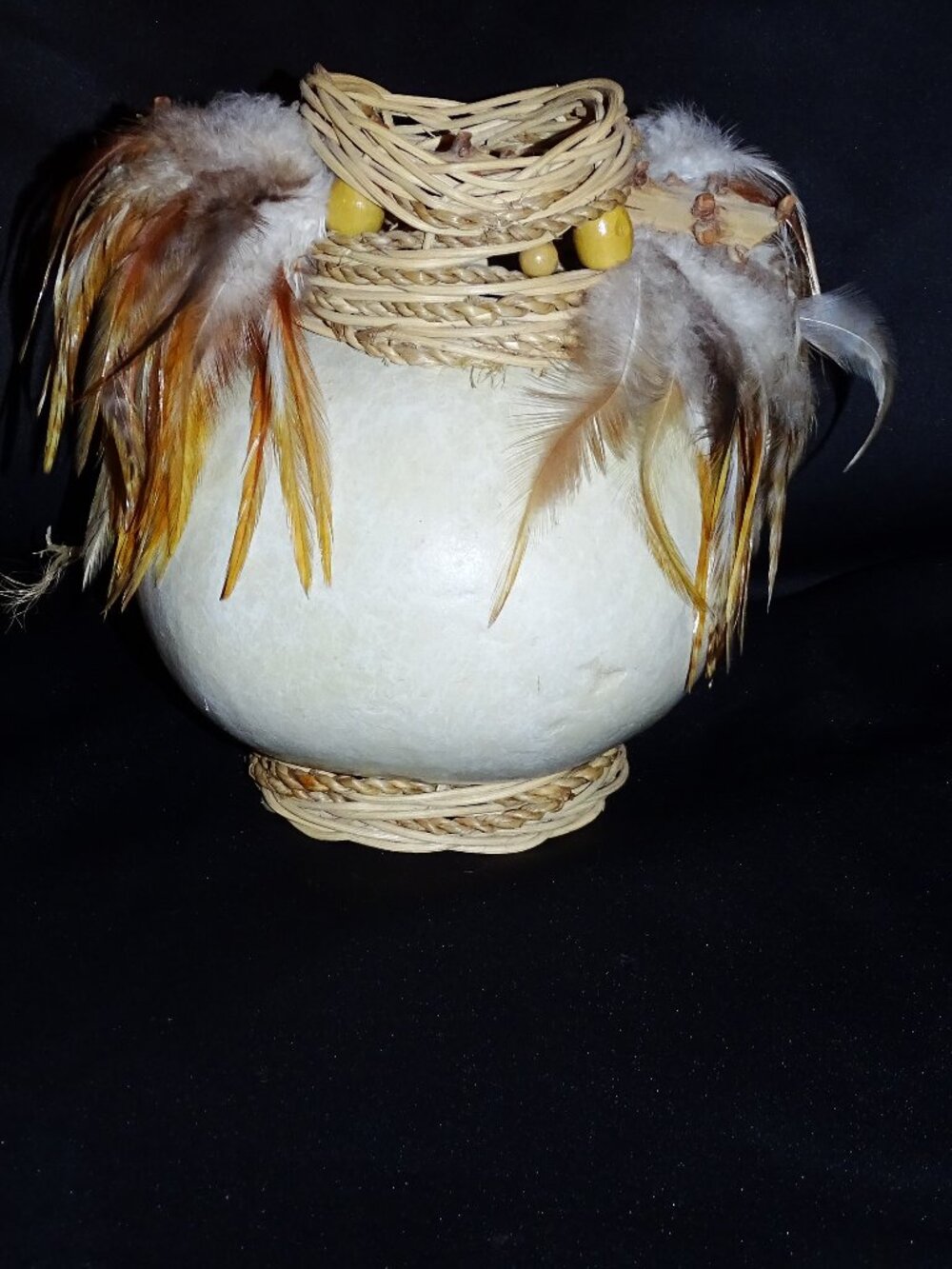 Native American Signed Gourdian Vessel with Feathers
